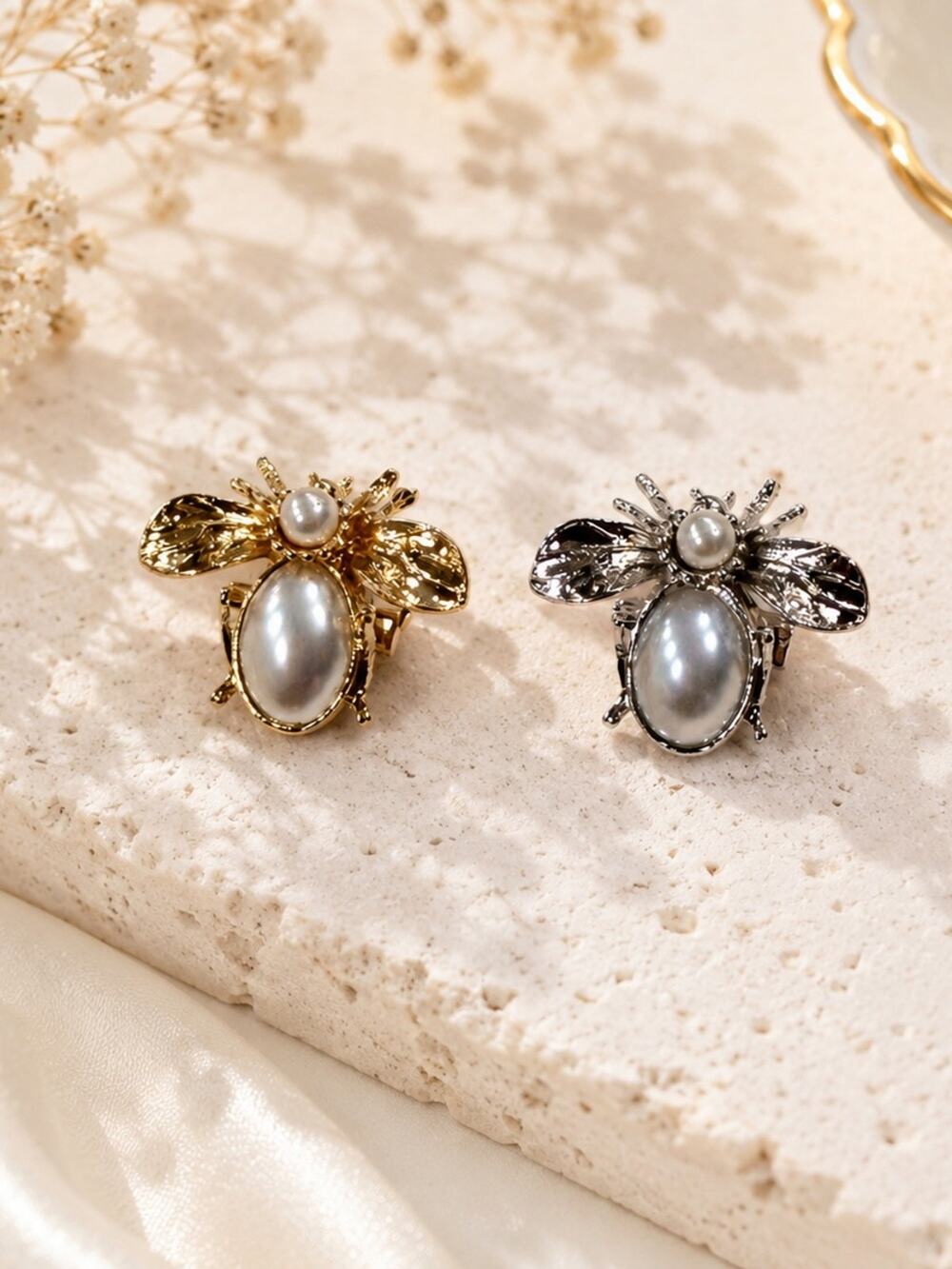 2 Elegant Pearl Bee Brooch set pin Gold and Silver vintage inspired cute gift